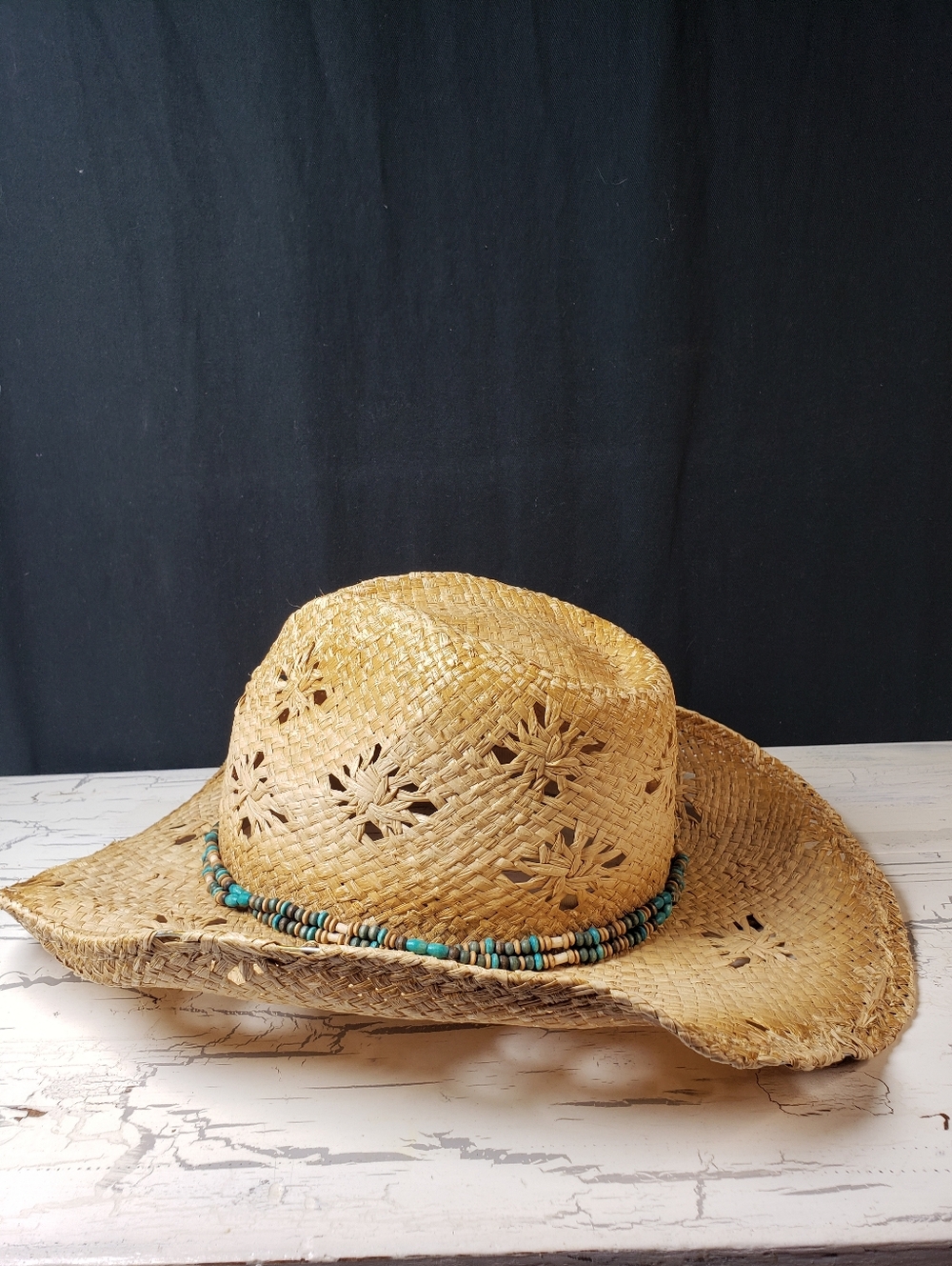 Distressed Style Straw Cowboy Hat with Faux Turquoise Beaded Hatband - OS Unisex - Picture 5 of 14